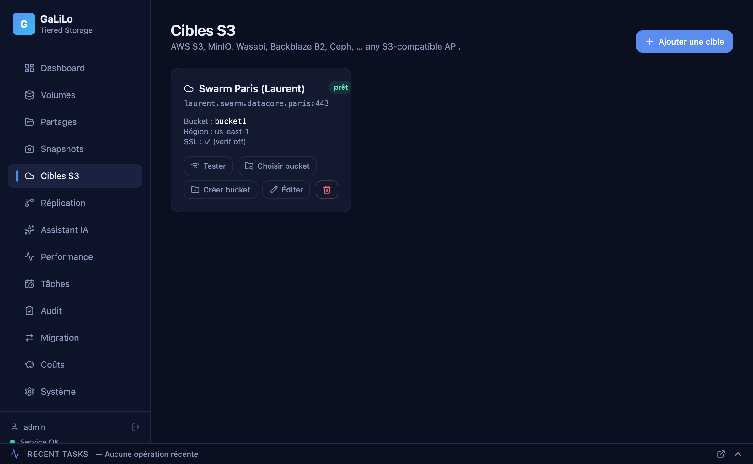 Configuration d'une cible S3 dans GaLiLo